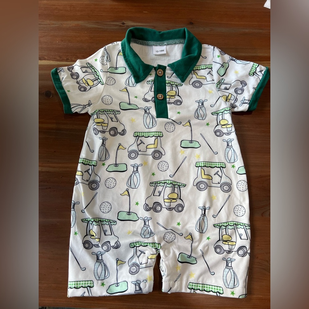 Golf-Themed Baby Romper with Green Accents